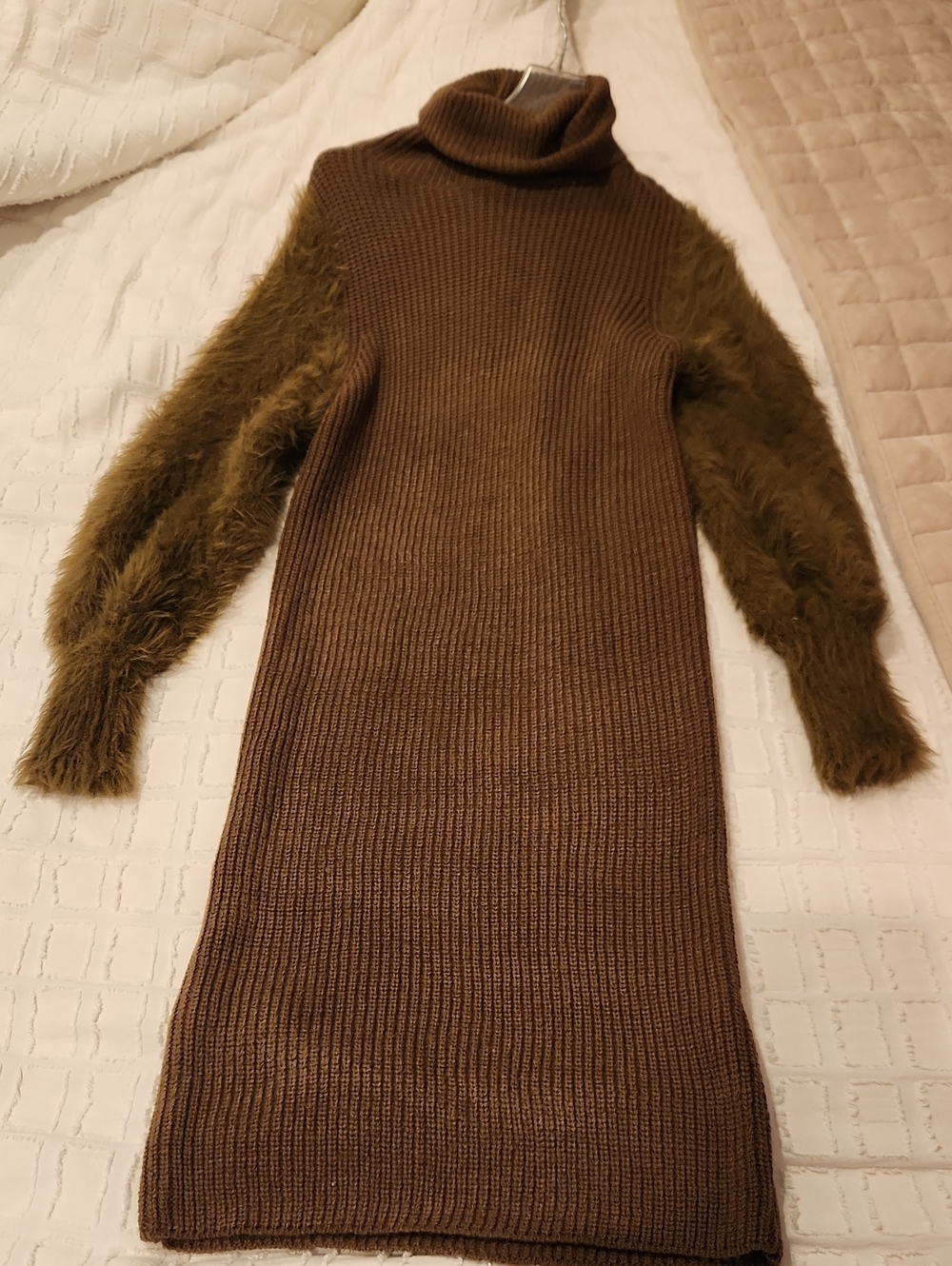 Fuzzy Sleeve Knit Turtleneck Dress — Olive Brown